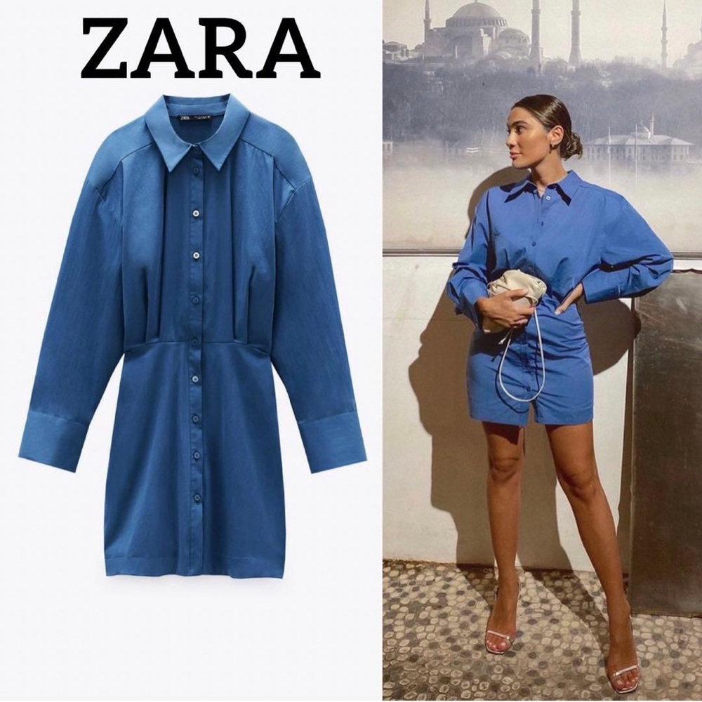 Zara Blue Button-Front Shirt Dress in Size XS City Classic Preppy Contemporary